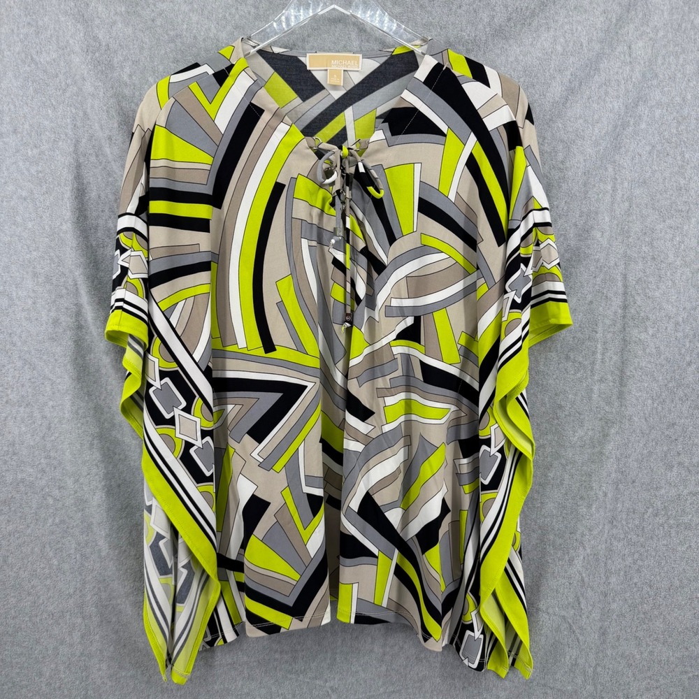 Michael Michael Kors Lime Green Geometric Abstract Lace Up Kaftan Top Small - Picture 6 of 10